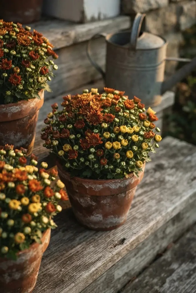 Garden mums in tight bud in terracotta pots on cottage steps for fall backyard color