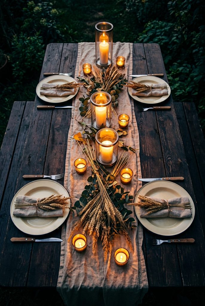 Outdoor dining lighting ideas with staggered lanterns down a fall table runner