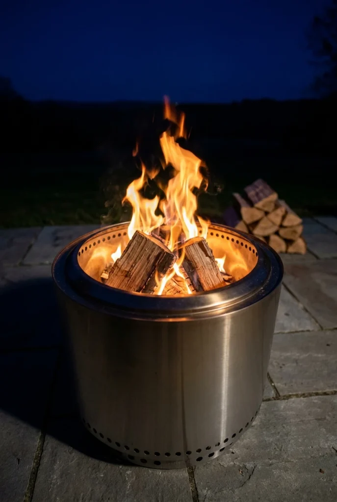 Smokeless wood fire pit burning oak logs with clean flames on a flagstone patio at night