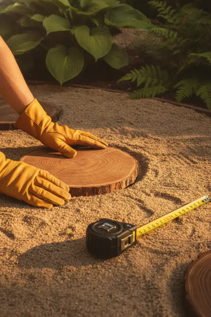 : Rustic cozy backyard path project with hands setting a cedar round stepping stone in sand