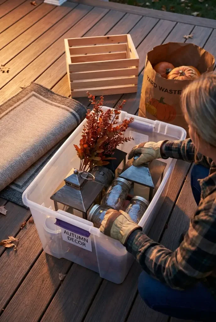 Packing fall backyard decor into a labeled storage bin on a deck in November