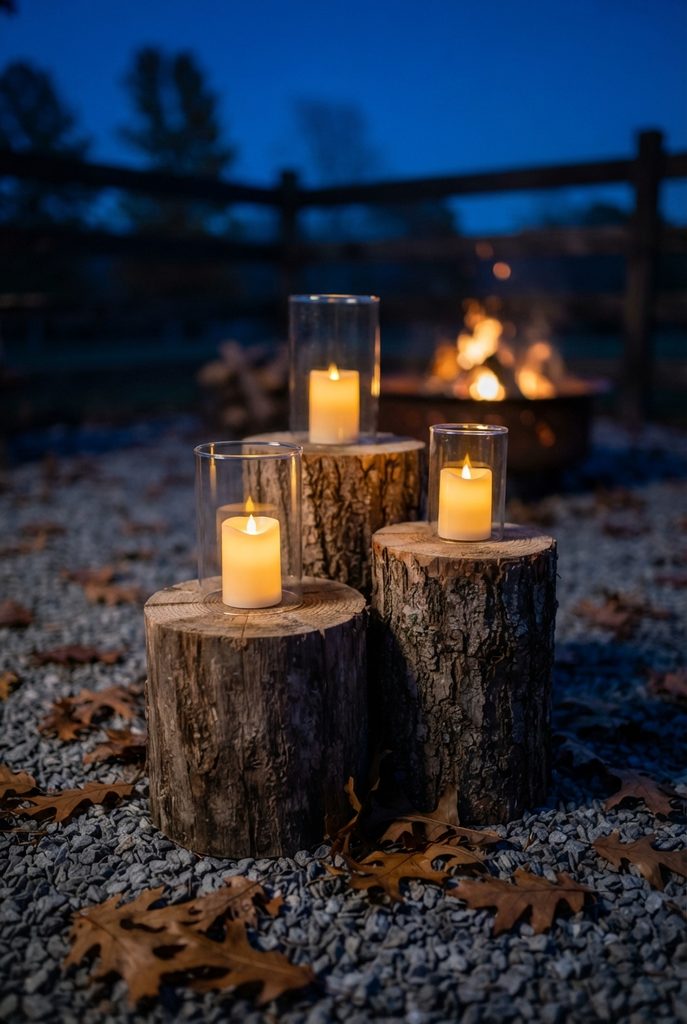Backyard fire pit area lit by hurricane lanterns on log rounds at knee height