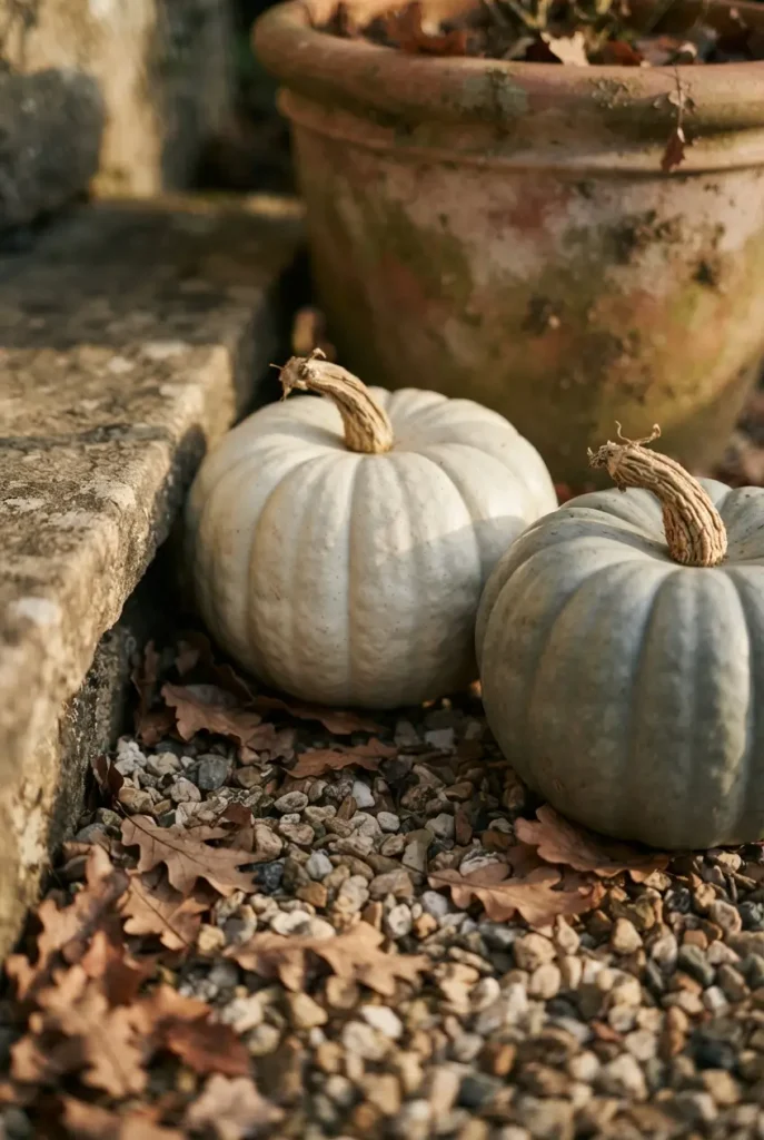 Ghost white and Jarrahdale pumpkins on gravel, a fall backyard idea that lasts longer