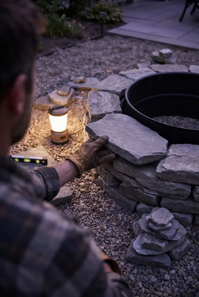 Gloved hands stacking fieldstone around a steel liner to build a DIY rustic fire pit at dusk