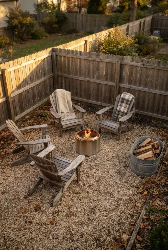 Gravel fire pit corner with cedar chairs, a cozy fall backyard idea for small yard