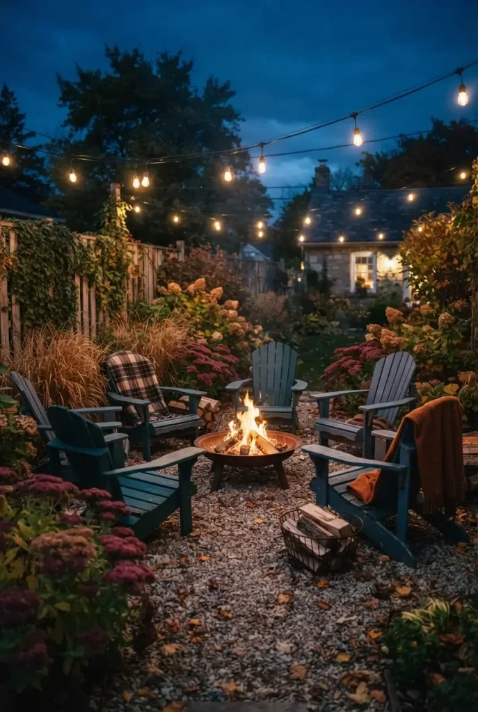 Gravel fire pit patio circle with steel edging and a low fire at dusk