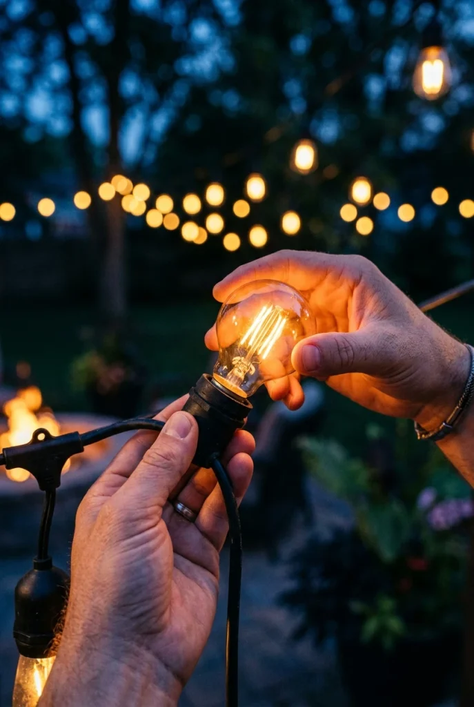 Hand screwing an amber filament bulb into a rustic outdoor lighting strand at dusk