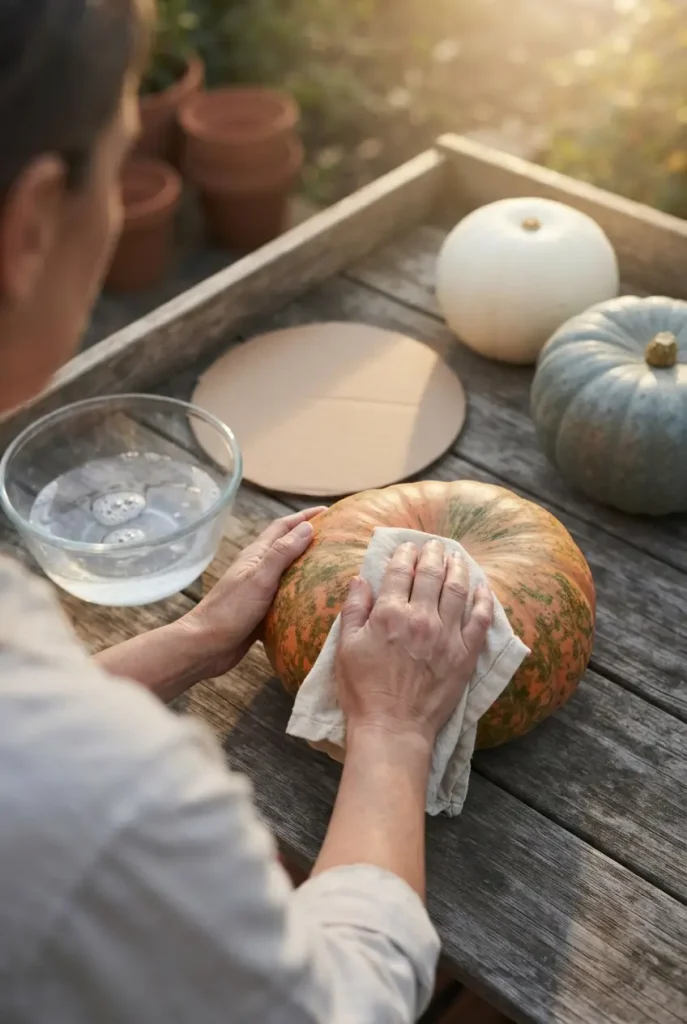 Hands cleaning a Cinderella pumpkin with vinegar water before adding succulents