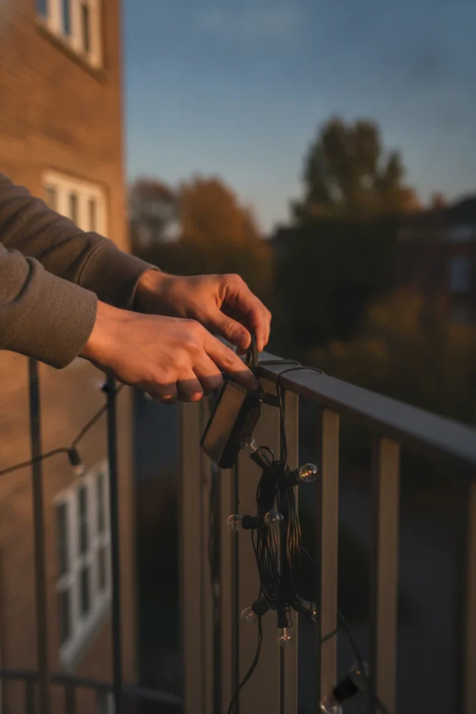 Hands clipping a solar panel to a balcony rail for apartment balcony lighting ideas in fall