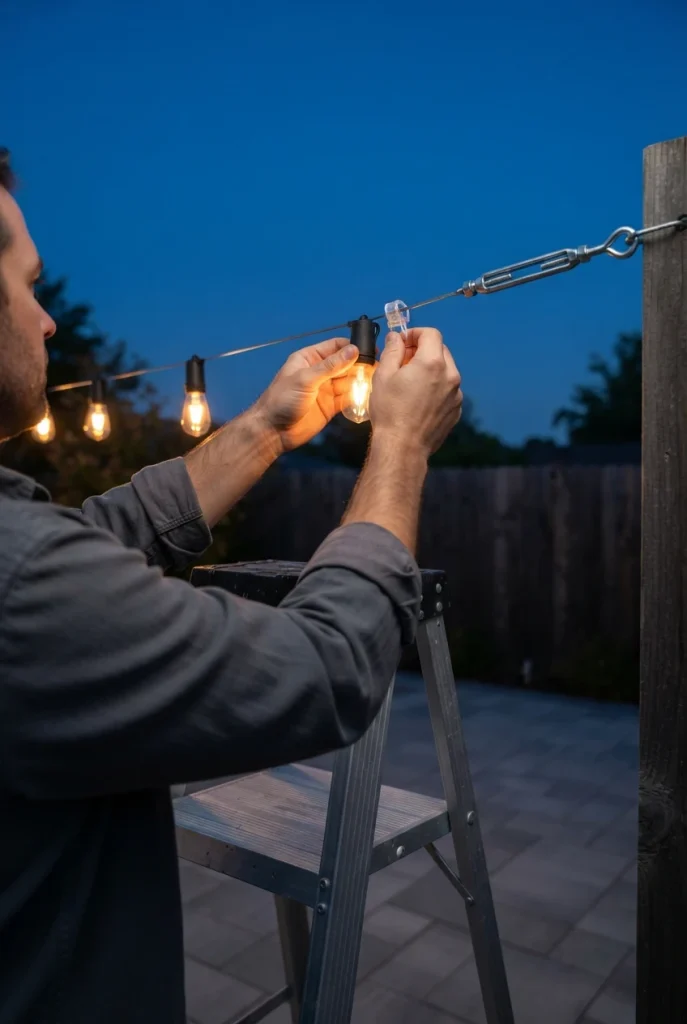 Hands clipping backyard string lights to a guide wire at dusk for a cozy backyard makeover