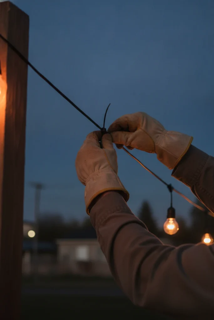 Hands clipping backyard string lights to a steel guy wire with a zip tie
