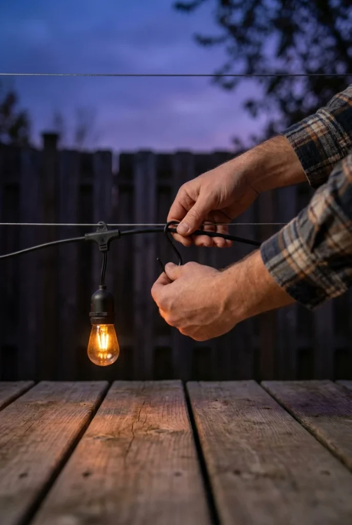 Hands clipping warm cafe bulbs to a guide wire over a deck at dusk in fall
