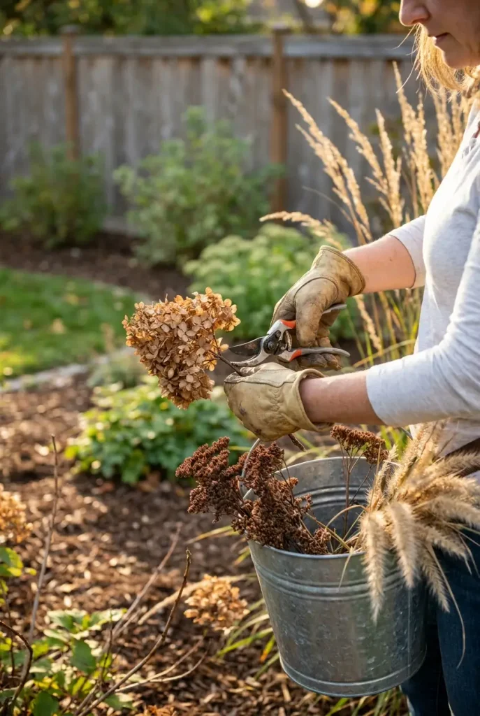 Hands cutting dried hydrangea for fall flower decor into a galvanized bucket