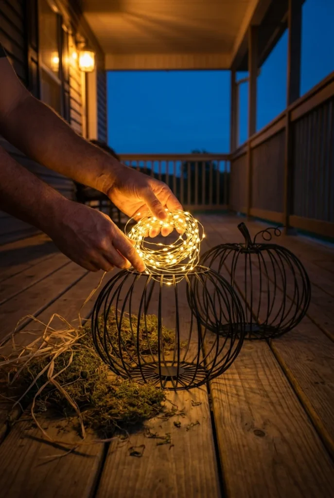 Hands filling a wire pumpkin with warm fairy lights for fall porch lighting