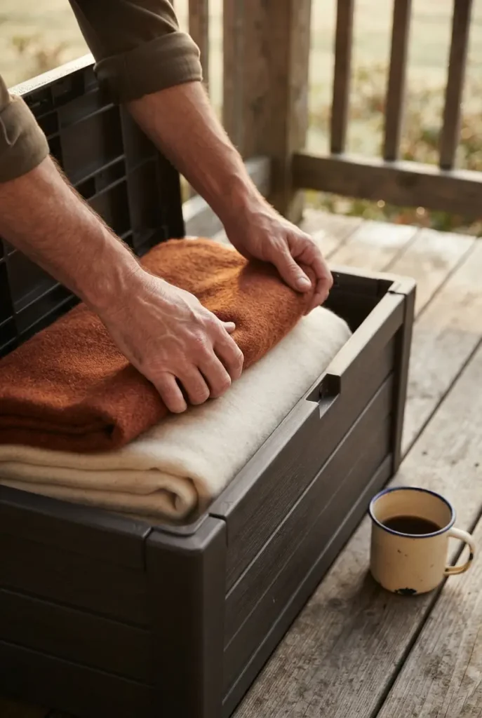 Hands folding a wool throw into a weatherproof deck box by the back door