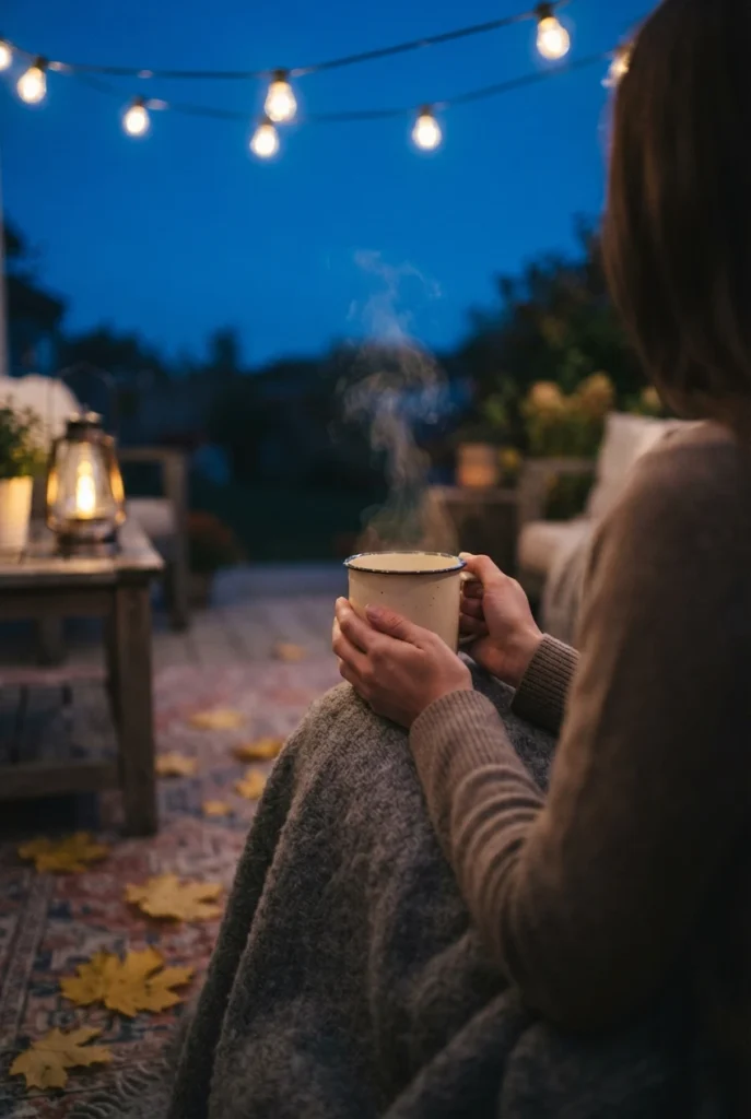 Hands holding a warm mug under string lights on a fall evening in a cozy backyard makeover