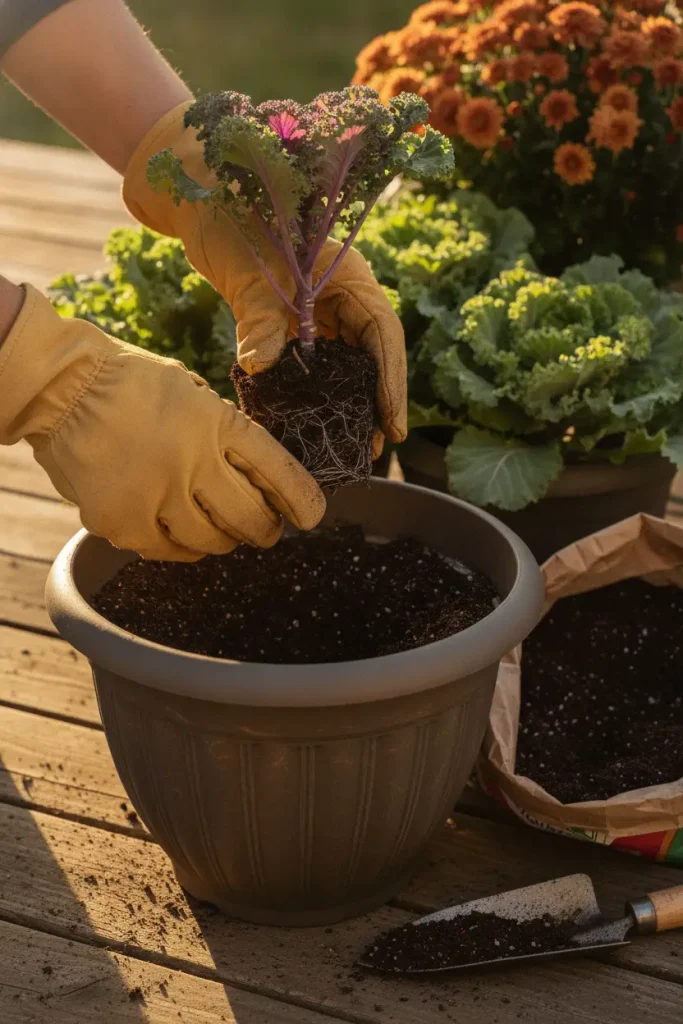 Hands loosening kale roots while planting a fall container garden in a resin pot