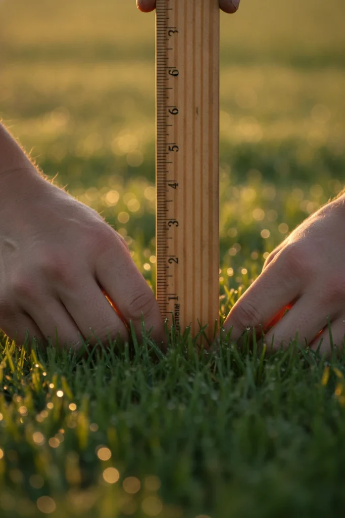 Hands measuring backyard lawn grass height with a wooden ruler at about 3 inches in morning light