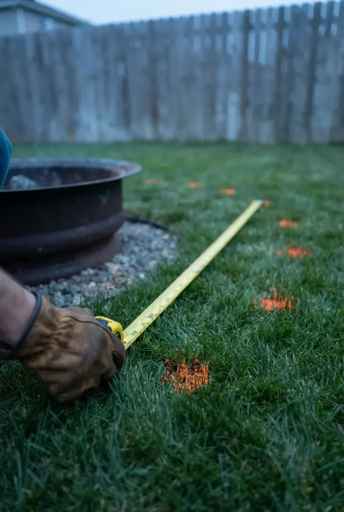 Hands measuring clearance from a fire pit to a cedar fence before landscaping the area