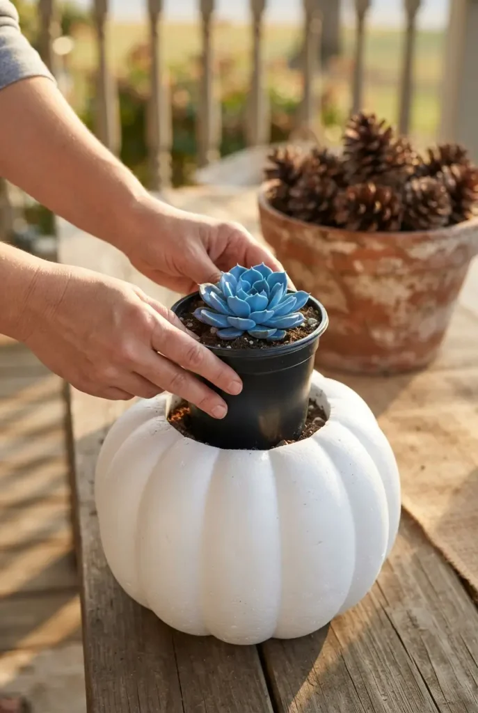 Hands placing a potted echeveria inside a faux pumpkin for reusable fall succulent