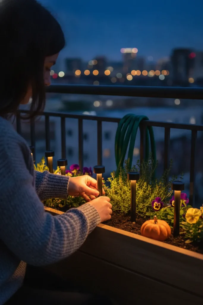 Hands placing solar stake lights in a window box, a budget apartment outdoor lighting idea
