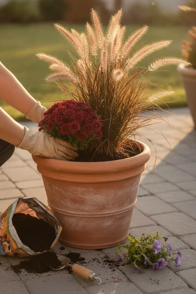 Hands planting burgundy mums in a terracotta container for a quick fall backyard refresh