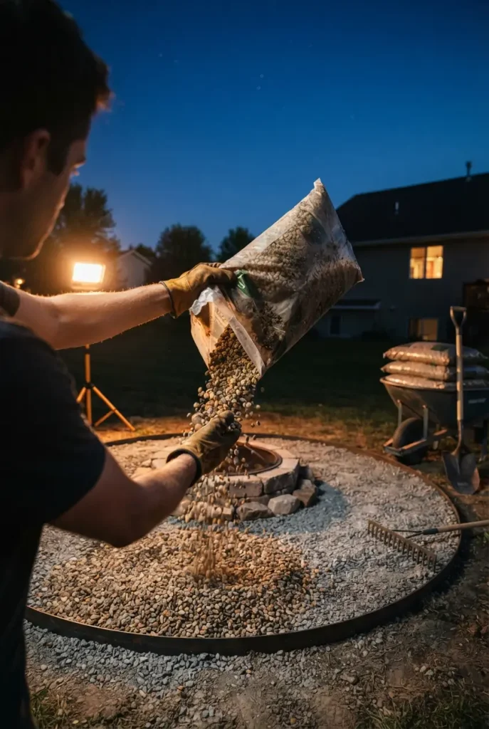 Hands pouring bagged pea gravel into a steel-edged fire pit circle over a compacted base