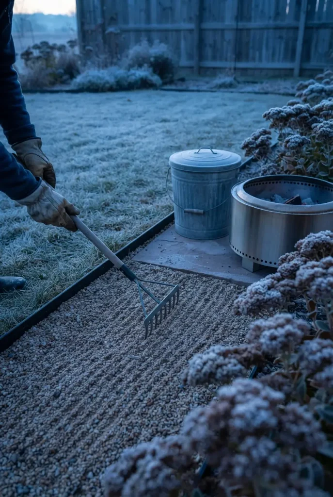 Hands raking pea gravel beside a cold fire pit and metal ash bucket in late fall