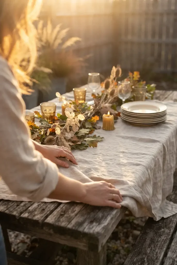 Hands setting a linen and enamel fall table outdoors with a foraged branch runner