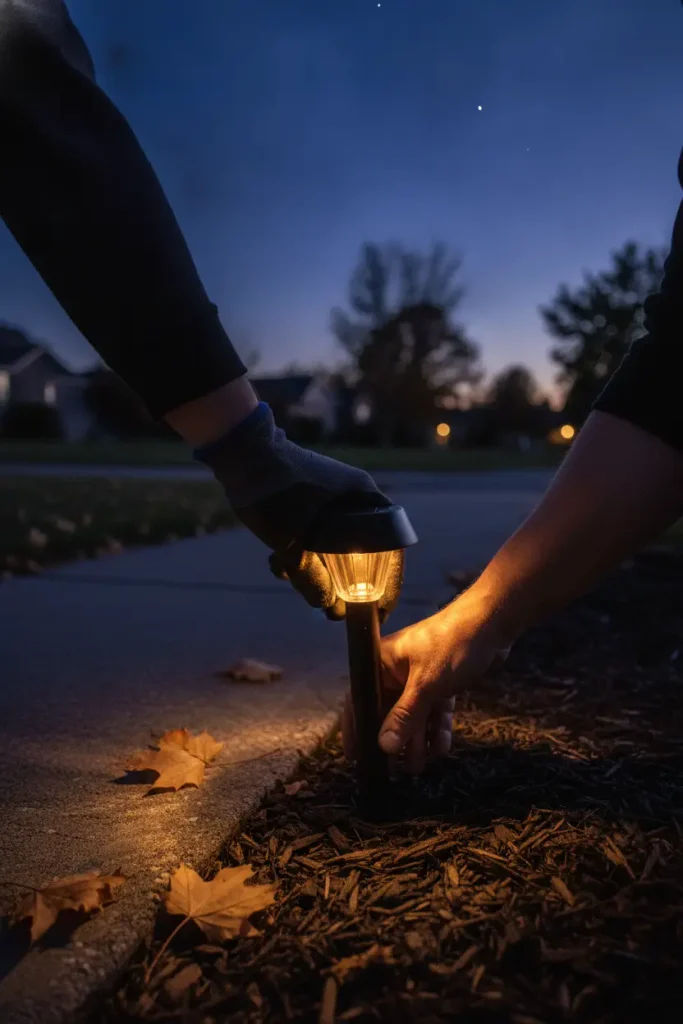Hands setting a solar path light into mulch, one of nine fall outdoor lighting ideas