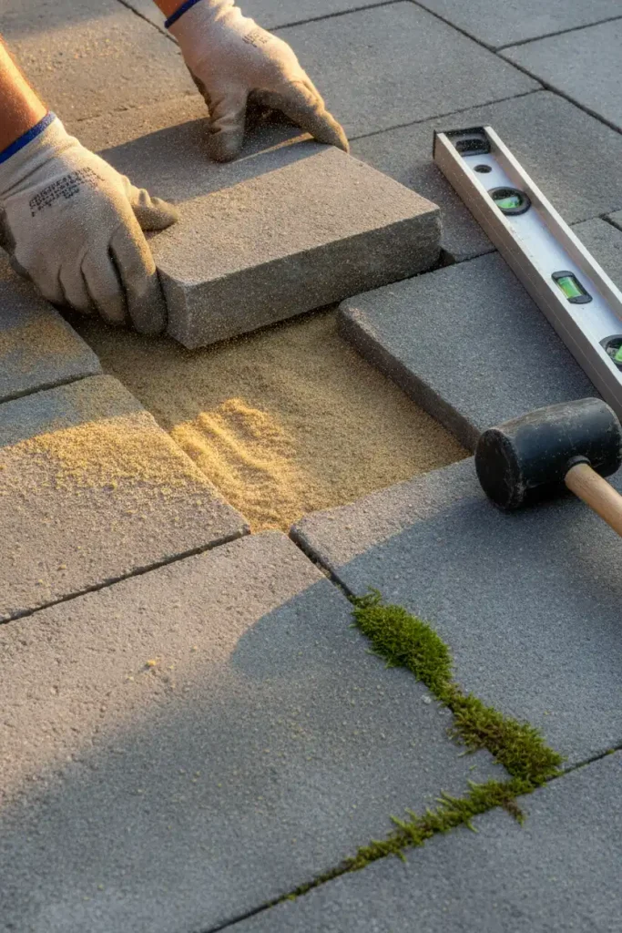 Hands setting bluestone for a flagstone patio, one of our stone cozy backyard ideas