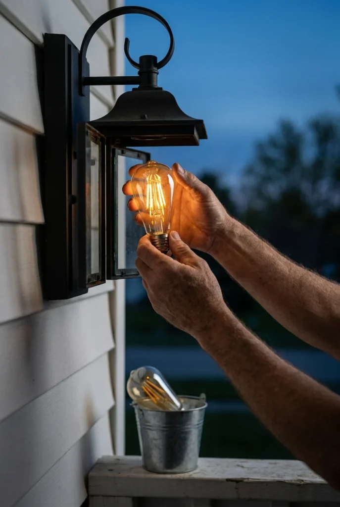 Hands swapping an amber LED bulb into a cottage lantern sconce for warmer outdoor lighting