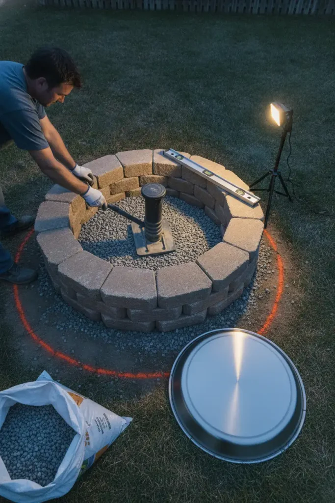 Hands tamping gravel inside a DIY block ring for a backyard corner fire pit build