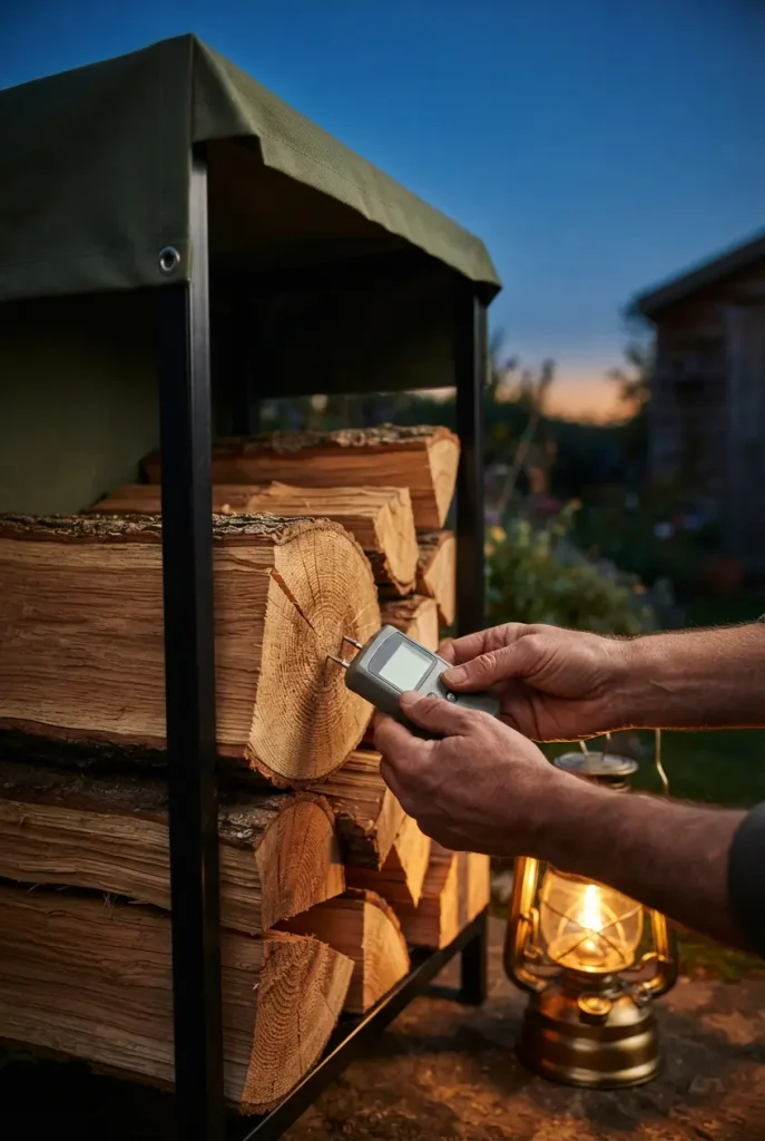 Hands testing split oak with a moisture meter before burning it in a rustic fire pit