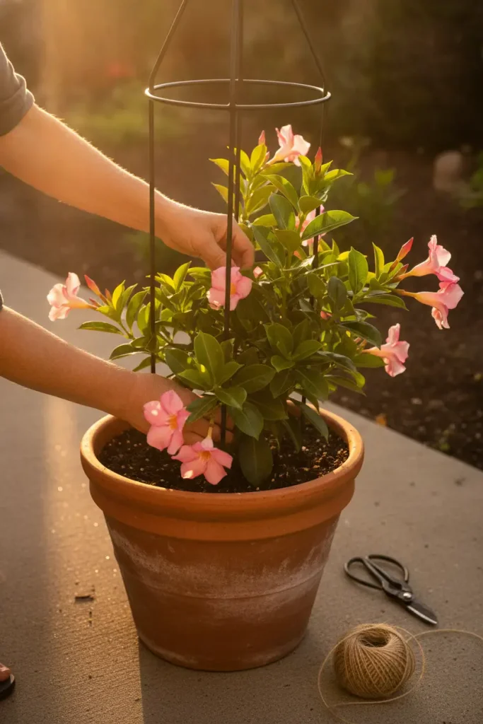 Hands tying mandevilla to an obelisk, a tropical backyard idea for small spaces