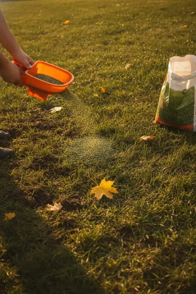 Hands using a handheld spreader to overseed a thin cozy backyard lawn ideas patch in early fall