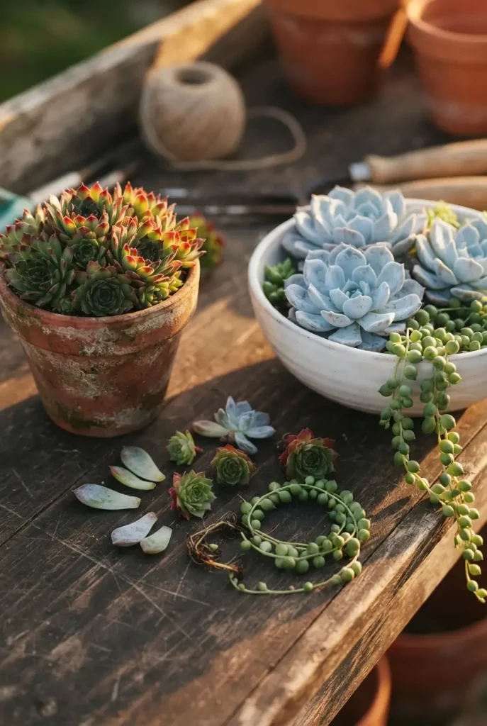 Hardy hens and chicks beside soft echeveria for fall succulent decor ideas by zone