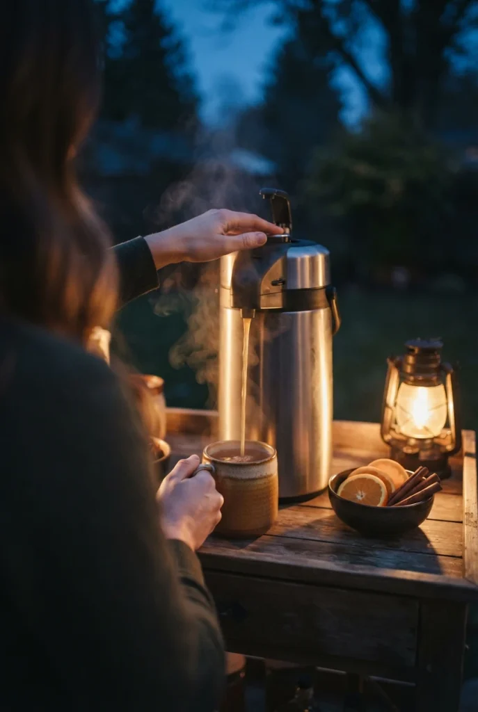 Hot cider station with an airpot and stoneware mugs at a fall backyard party