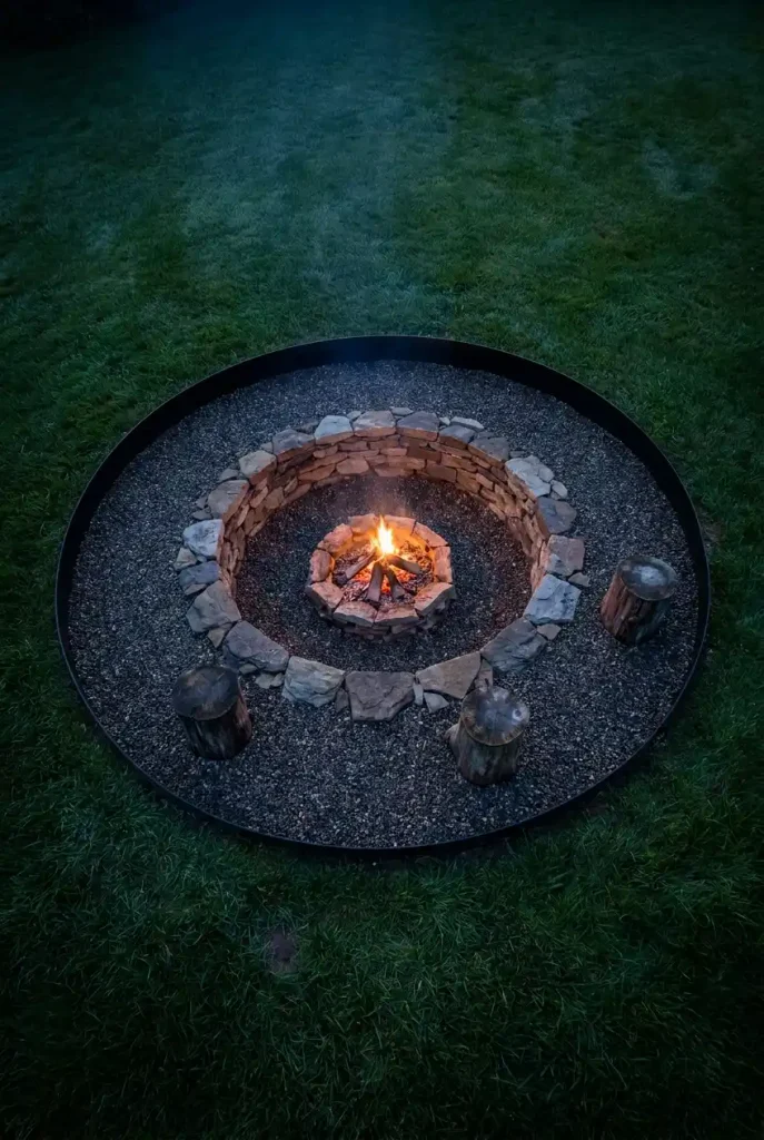 In ground wood fire pit lined with fieldstone inside an edged pea gravel circle, seen from above