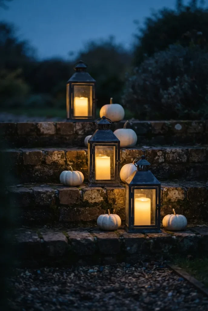 LED pillar candles in black lanterns lighting brick steps for a fall backyard party