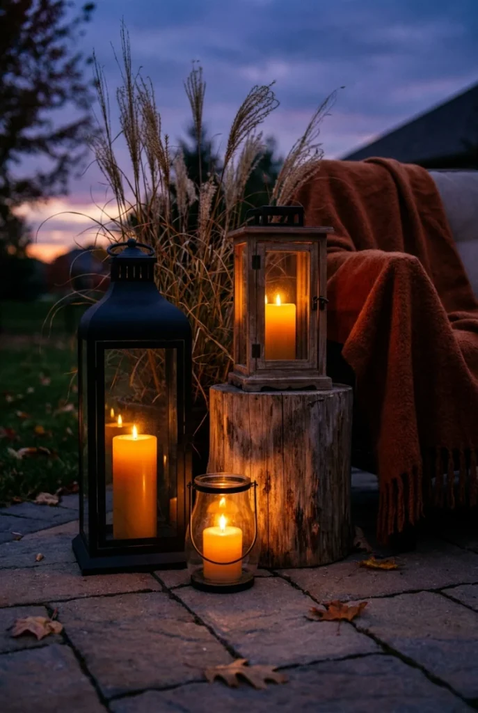 Lantern cluster at three heights on a fall patio for cozy backyard lighting