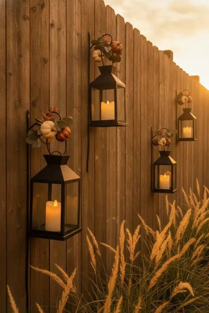 Lanterns hung on a fence with no drilling, an easy fall backyard decor idea for renters