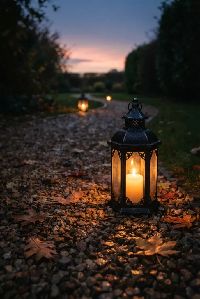 Lanterns lighting one gravel path at dusk with the rest of the yard dark