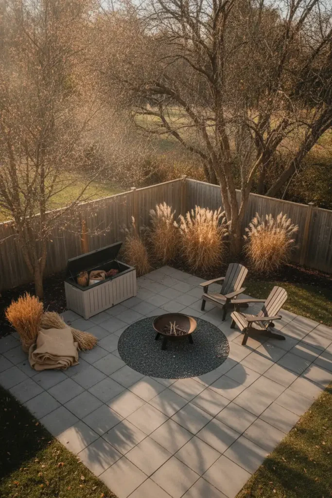 Late fall backyard swept and packed down, with dried grasses stored for next season