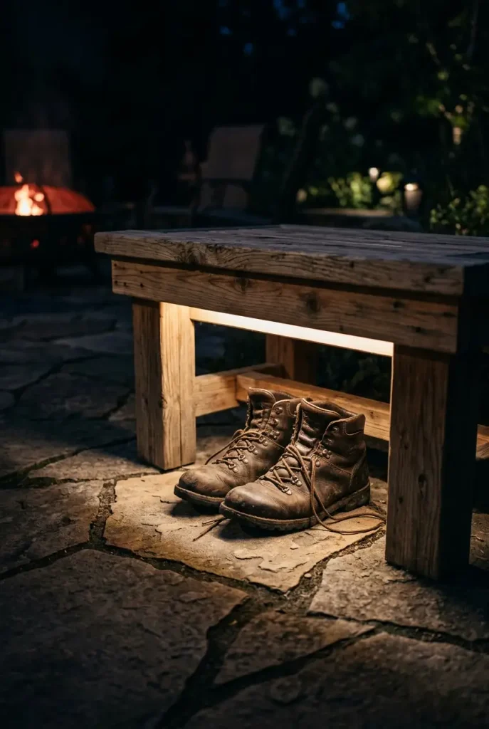 Lighting around fire pit seating: a warm LED strip glowing under a cedar bench lip