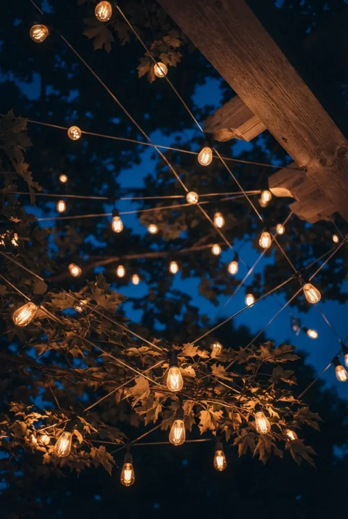 Looking up at café string lights under tree branches, a low ceiling for a cozy backyard