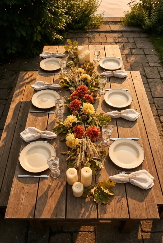 Loose fall flower runner down an outdoor table as low-profile fall flower decor