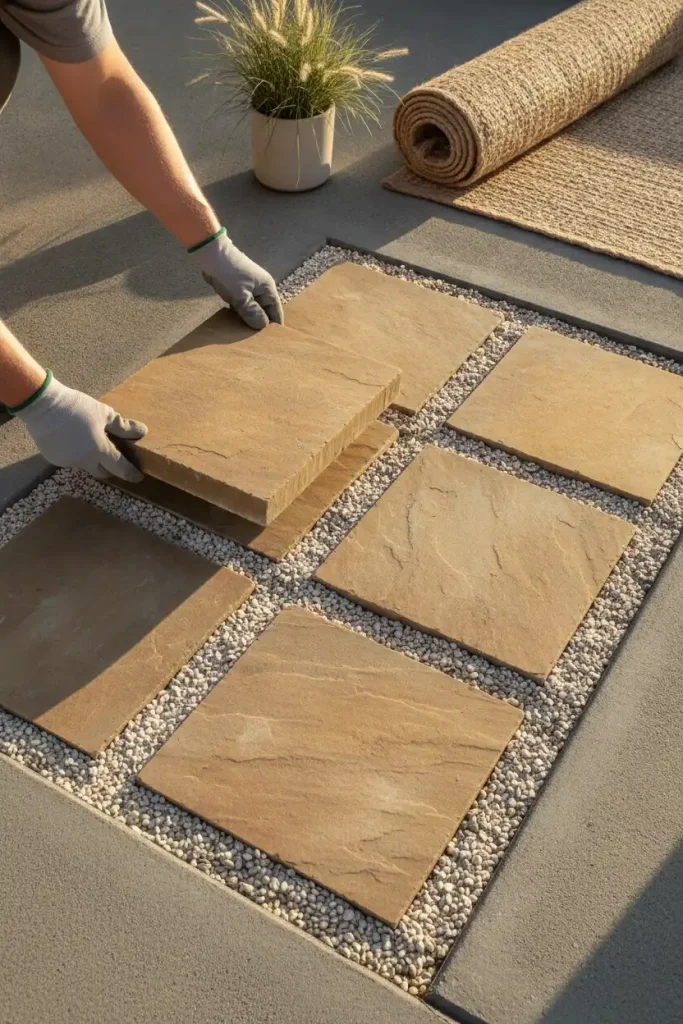 Loose-laid pavers covering a concrete patio, a renter friendly small stone patio idea
