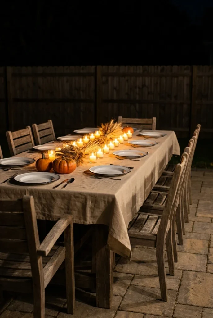 Low warm votives down an outdoor dining table for cozy fall evening lighting