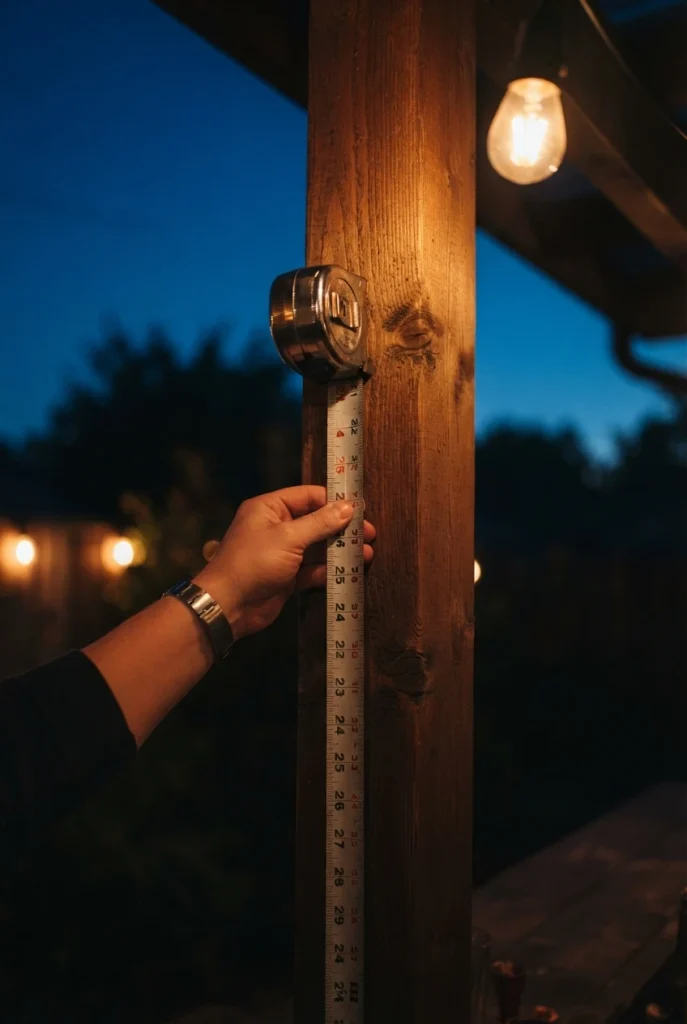Measuring mounting height for backyard bar lighting on a cedar post at dusk